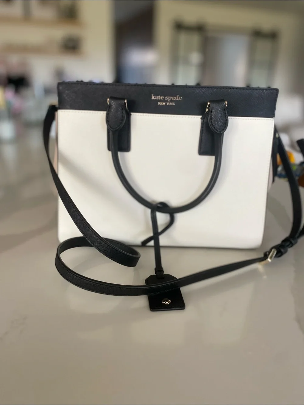 Kate Spade New York Black White Colorblock Medium Satchel Zip Detachable Strap